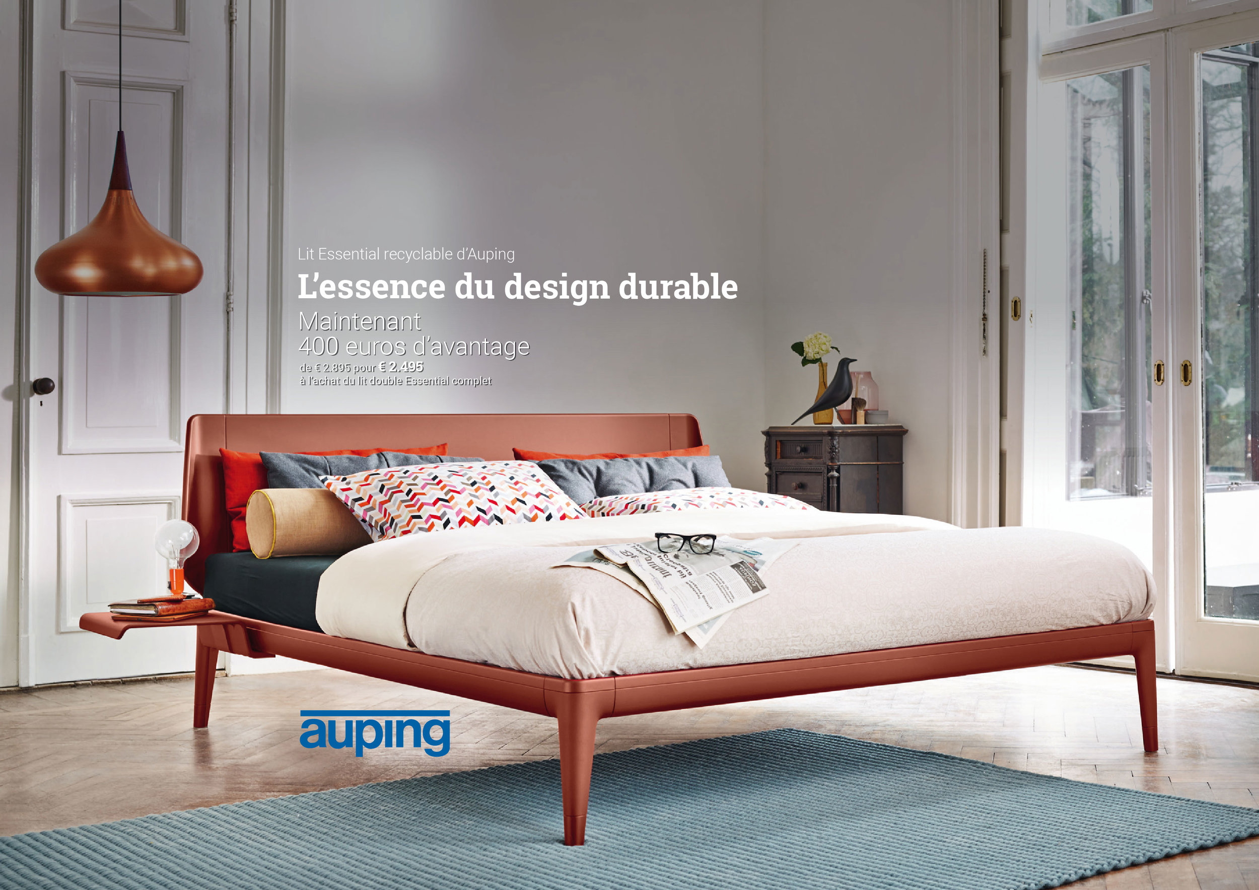 Lit Essential recyclable d’Auping L’essence du design durable Profitez de 400 euros d’avantage... de 2.895€ pour 2.495€ à l’achat du lit double Essential complet. Voir conditions en magasin.