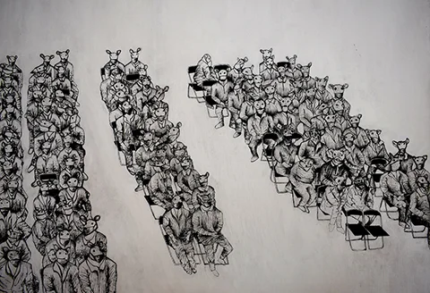 ‘The Outsiders’, pen and acrylic on canvas, 2016