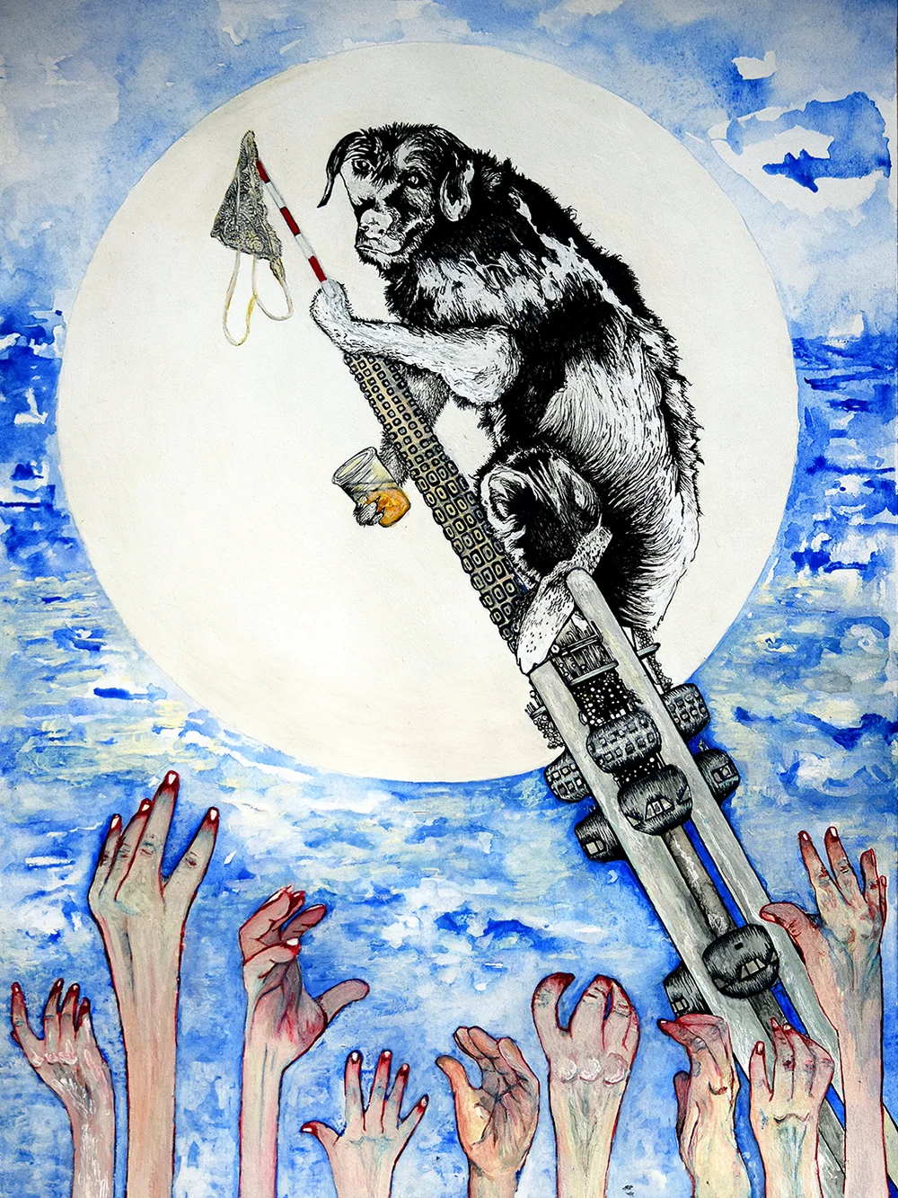 ‘The empty pursuit of happiness’, mixed media on 230g akvarel paper, 29.7 x 42.0 cm, 2018