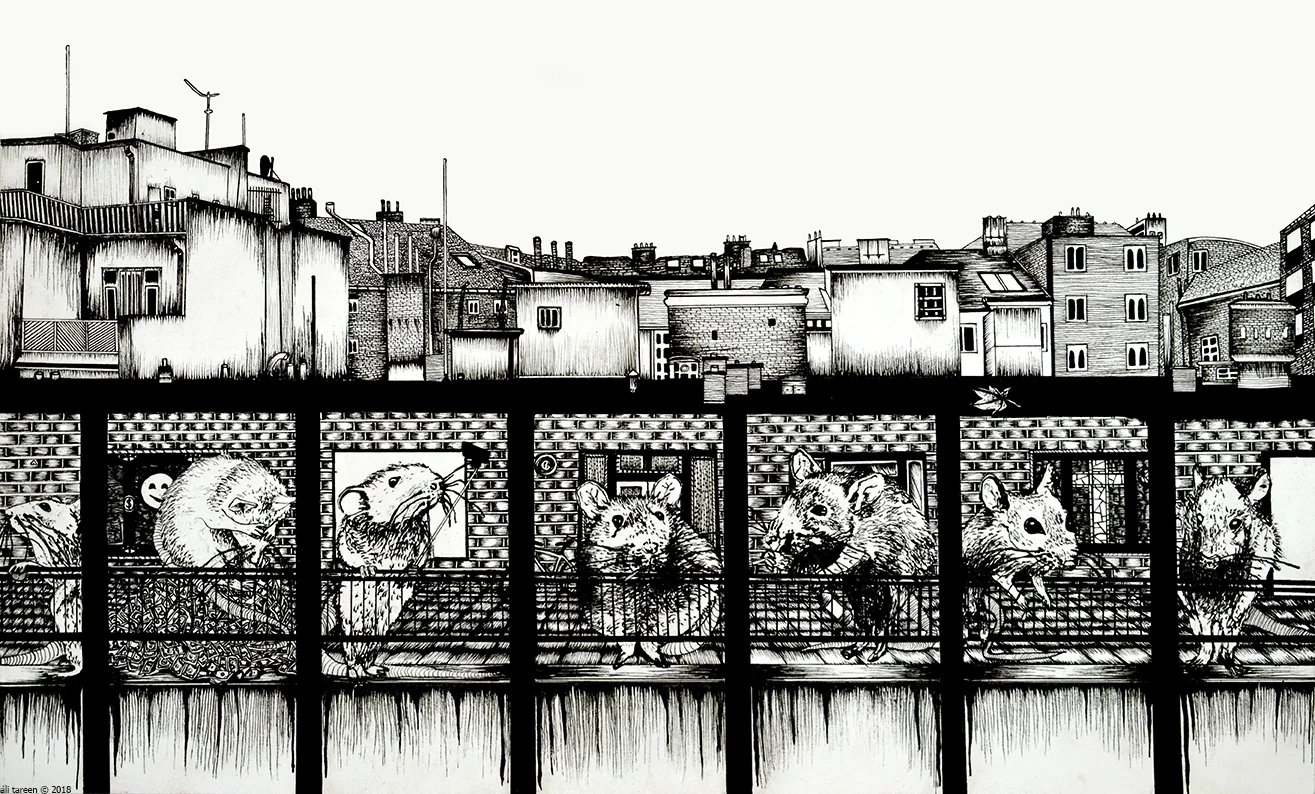 ‘Institutionalised Free doom?’, pen and ink on 230g akvarel paper, 42.0 x 29.7 cm, 2018