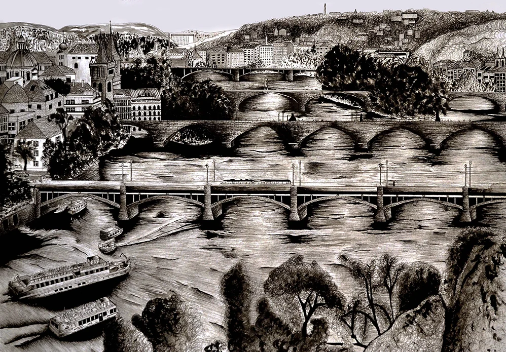 ‘Study of Prague and River Vltava from Letna’, water colour and pen on 230g akvarel paper, 42.0 x 59.4 cm , 2014