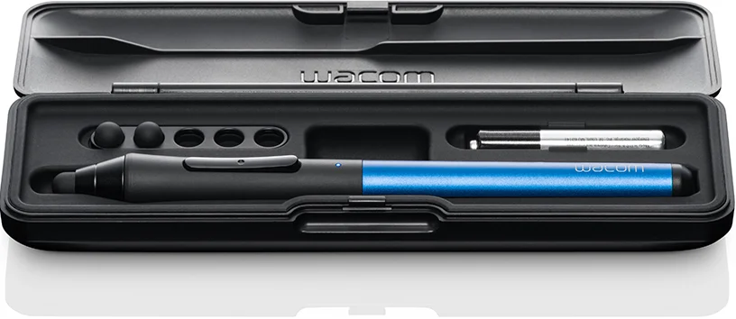 The Intuos Creative Stylus comes in a great solid case, complete with space for spare nibs (you get 2 extras with purchase) and a slot for a AAAA spare battery.