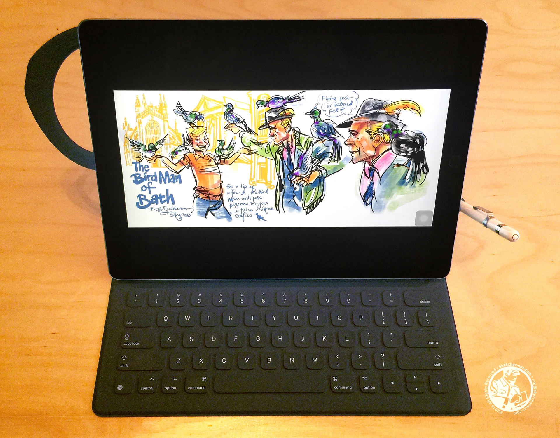 The handle of the SpinPadGrip at the back lets me easily pick my kit up, and my Pencil is always within easy reach, resting in the pen holder clip attached to my Apple keyboard-cover.