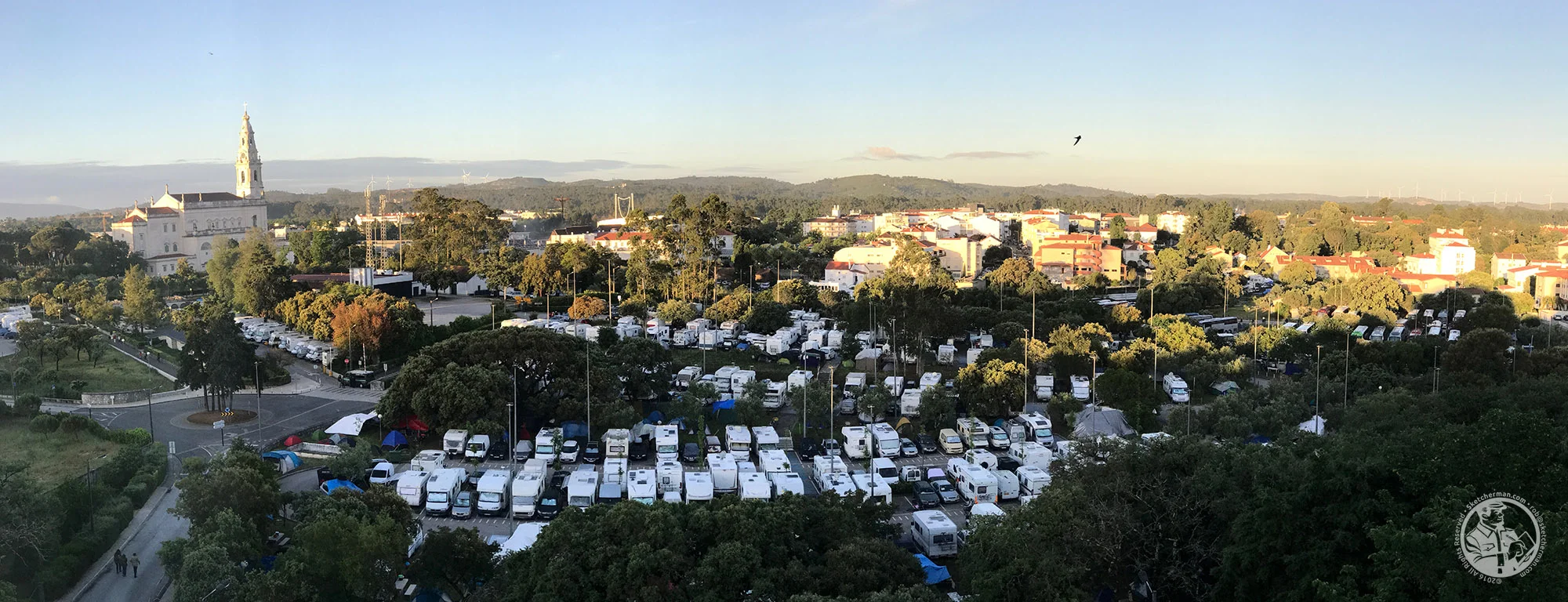 The view from our room at the Travel Hotel, with the spire of Fátima's Basilica beckoning to arriving pilgrims. This shot was taken on our 2nd morning when the sun peeked out for a bit.