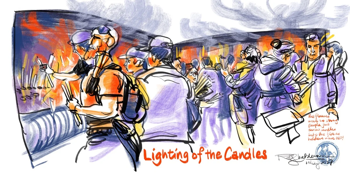 Some tried to brave the flames and stick candles in holders while those who were overcome by heat tossed them in one by one with a little prayer on their lips.
