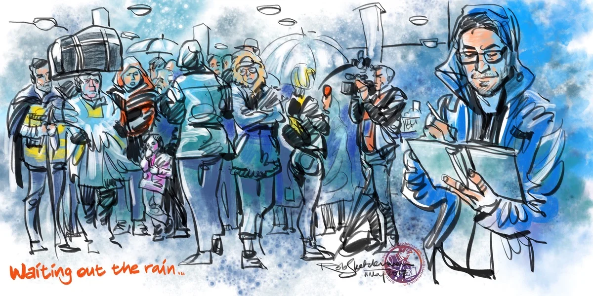 We found an overhang to hide under, next to the candle store. I had a chance to draw Eduardo quickly while observing the crowd who waited balefully for the rain to pass. I was particularly tickled by the ingenuity of the man who used his giant bag to shield his head. Great balance too!