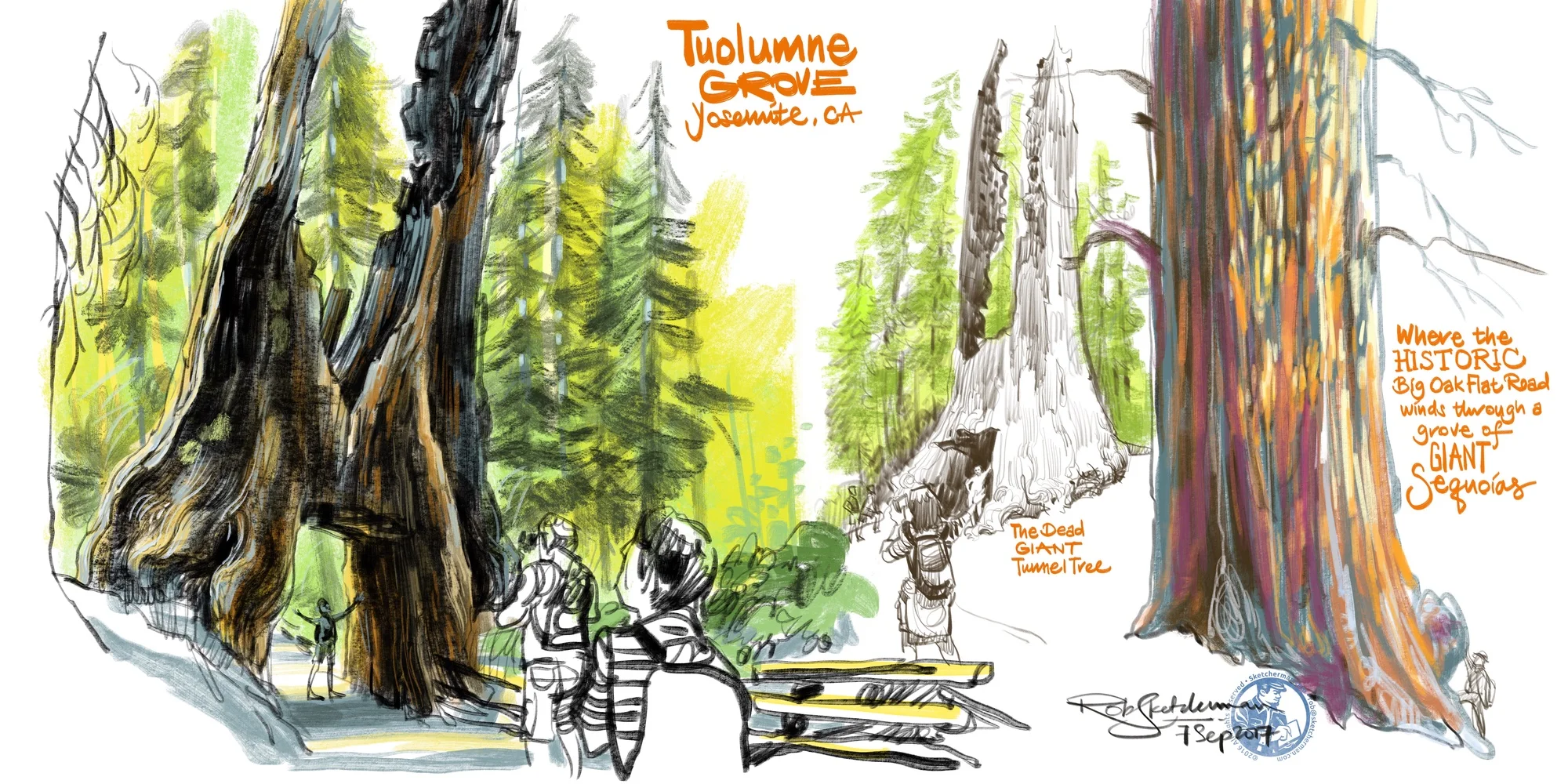 Whether you’d like to get painterly or just make line drawings, there are many ways you can compose a piece, tell a story and even add a little lettering. Yosemite National Park, California, 2017