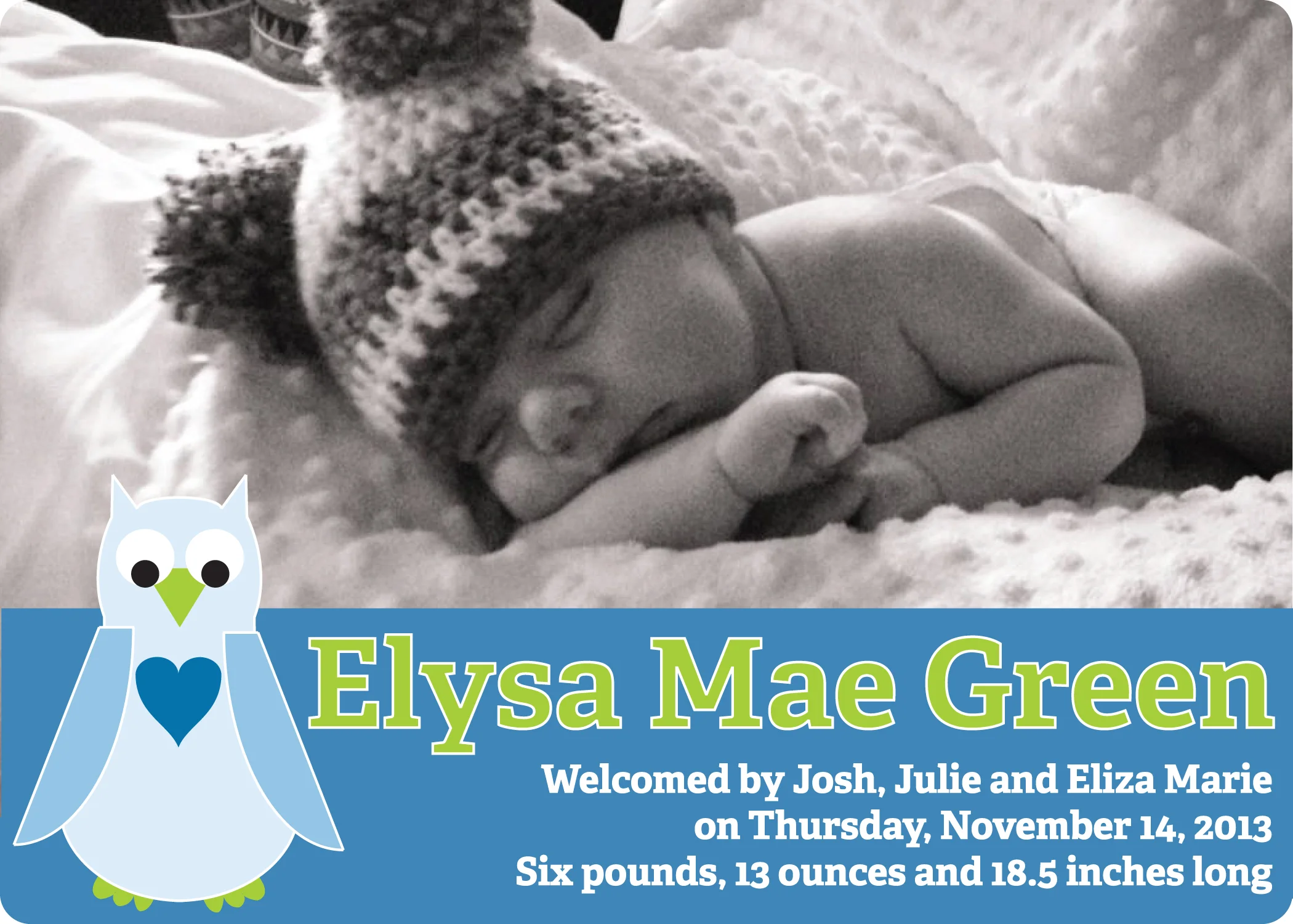 Eliza birth announcement in blue and green (front)