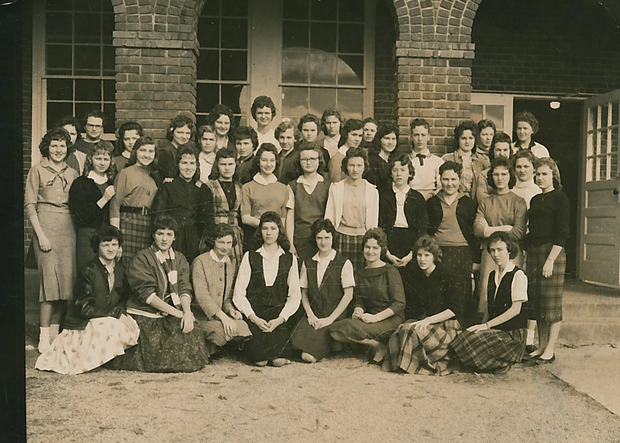 I love this yearbook photograph all of the girls in front of Jumpertown School. (The back of the photo actually has the job, page and position number on it.) 