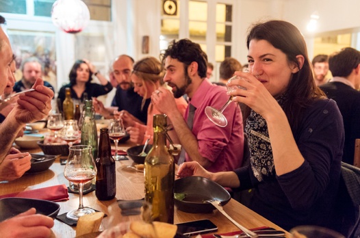 A table of hoppy diners at La Fine Mousse restaurant