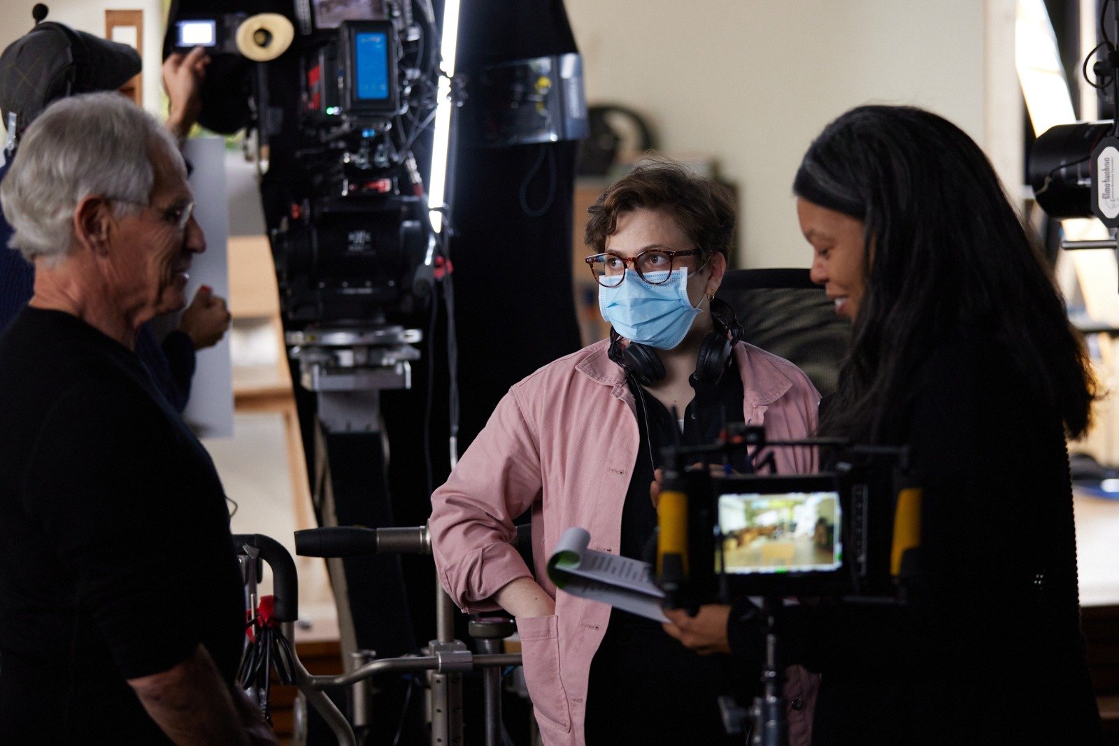  I will never forget the time with Jon Kabat-Zinn. Pictured: Jon Kabat-Zinn, Ezra Rose, and Diane Houslin discuss the lesson between takes. Photo by Ari Magg 