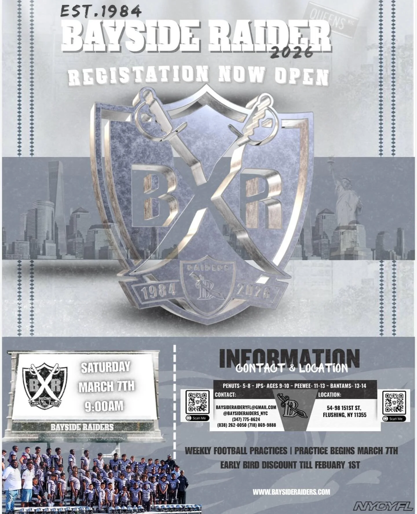 Bayside Raiders Youth Football
&bull;
Established 1984 | Queens, NY
&bull;
Organized youth tackle football for ages 5&ndash;14
-Focused on discipline, development, and teamwork
&bull;
2026 Registration Now Open!!
🌐 www.baysideraiders.com
&bull;
&bul