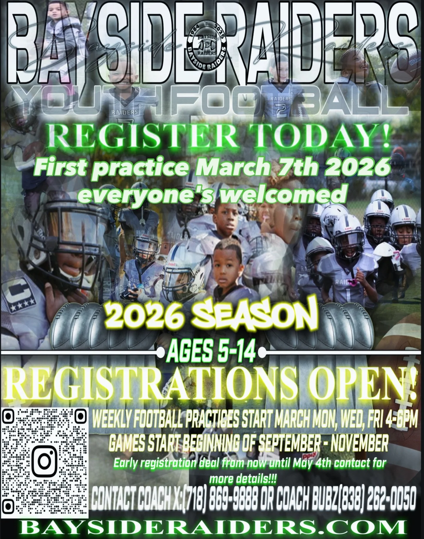 REGISTRATIONS ARE OPEN FOR OUR 2026 SEASON❗️JOIN OUR ORGANIZATION AND BE APART OF OUR FAMILY. WE WELCOME ALL CHILDREN WITH OPEN ARMS TO LEARN THE GAME OF FOOTBALL IN A SAFE FAMILY ORIENTED ENVIORMENT.  WE HAVE NEW STAFF, NEW EQUIPMENT AND A BRAND NEW