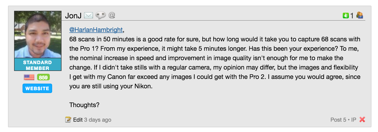 Screen Grab: Example of WEBSITE link added below a Forum Member's badge.