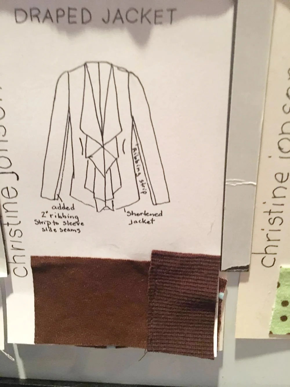 This is an up-close of Sharon's planned cards: you can see she's sewn or stuck the fabric swatches down to the card, indicated what she's using the fabric for and any alterations she's used in the planning/construction process. Note: Sharon needed to use ribbing inset because these sleeves are designed for stretch knit fabrics - they are VERY slim sleeves and require the Lycra in the fabric to stretch (mechanical stretch such as sweater knit, will not work as it does not contain the right recovery or snap-back that this sleeve design requires.) 