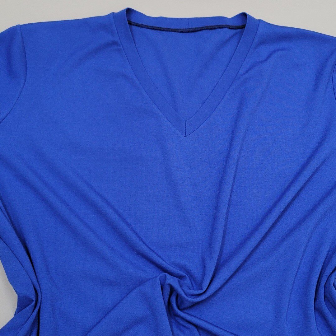 New Ponte Fabric
The Sapphire Blue Lightweight Ponte is not only a beautiful color it feels amazing on your body! yum 🙂  I couldn't wait to make a sample of my up and coming V Neck Tee Shirt +Plus Size Pattern and to check out sewing with one the ne