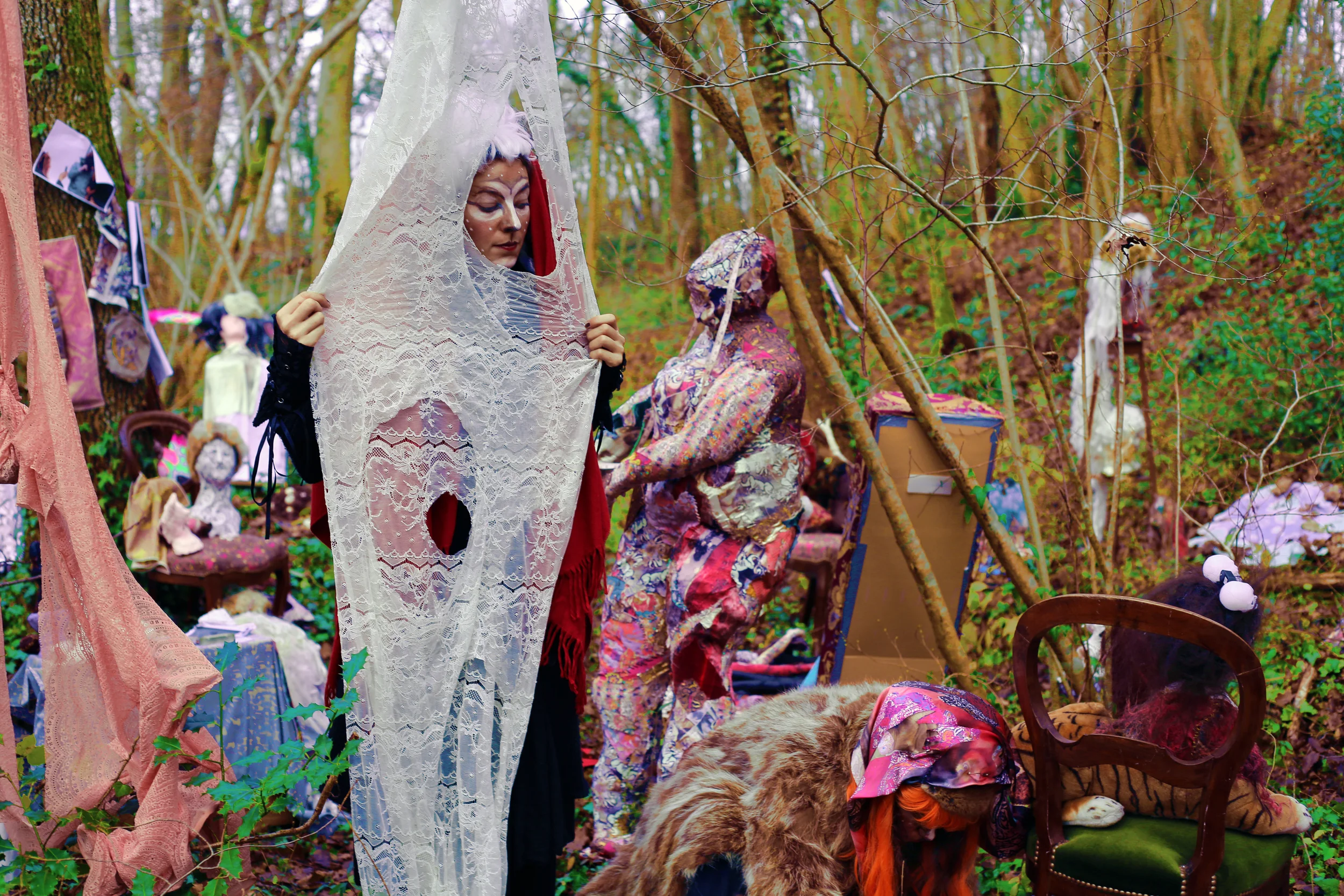  The Beast Boutique: where Maid, Mother, and Crone/Little Red Ridding Hood, the Wolf and Grandmother exist in one fragmented patchwork body… where one sees the wolf on&nbsp;their&nbsp;hand and fingers, pushes wet thread through the cat of the needle 