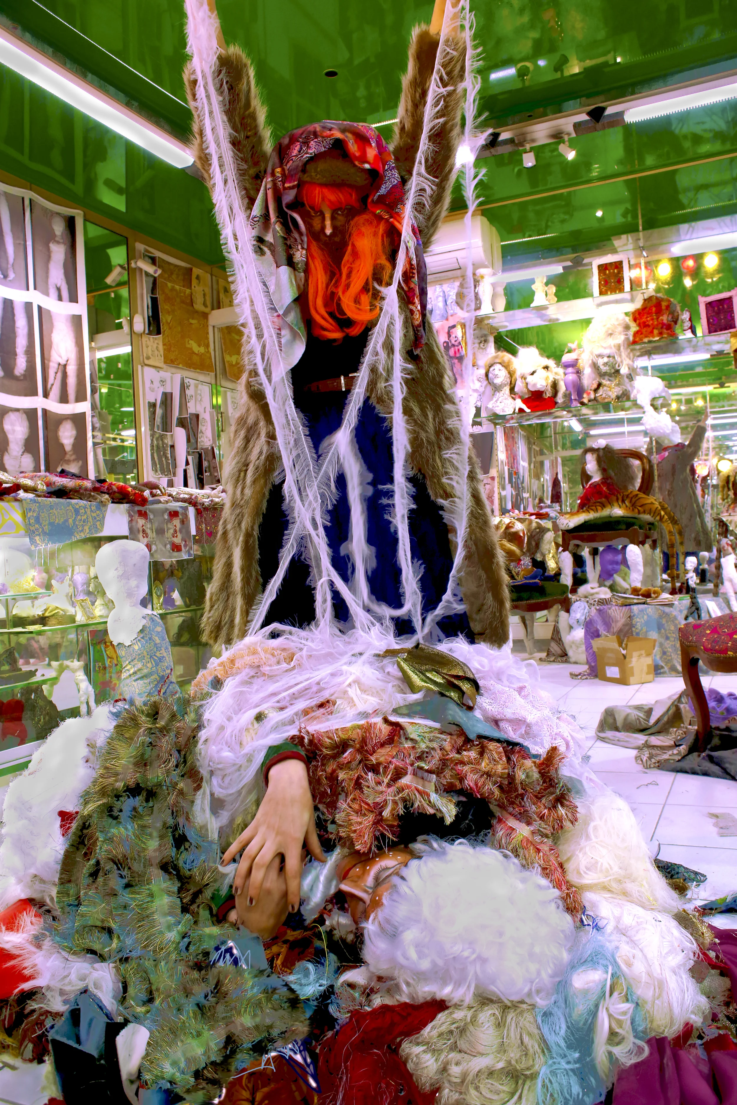  The Beast Boutique: where Maid, Mother, and Crone/Little Red Ridding Hood, the Wolf and Grandmother exist in one fragmented patchwork body… where one sees the wolf on&nbsp;their&nbsp;hand and fingers, pushes wet thread through the cat of the needle 