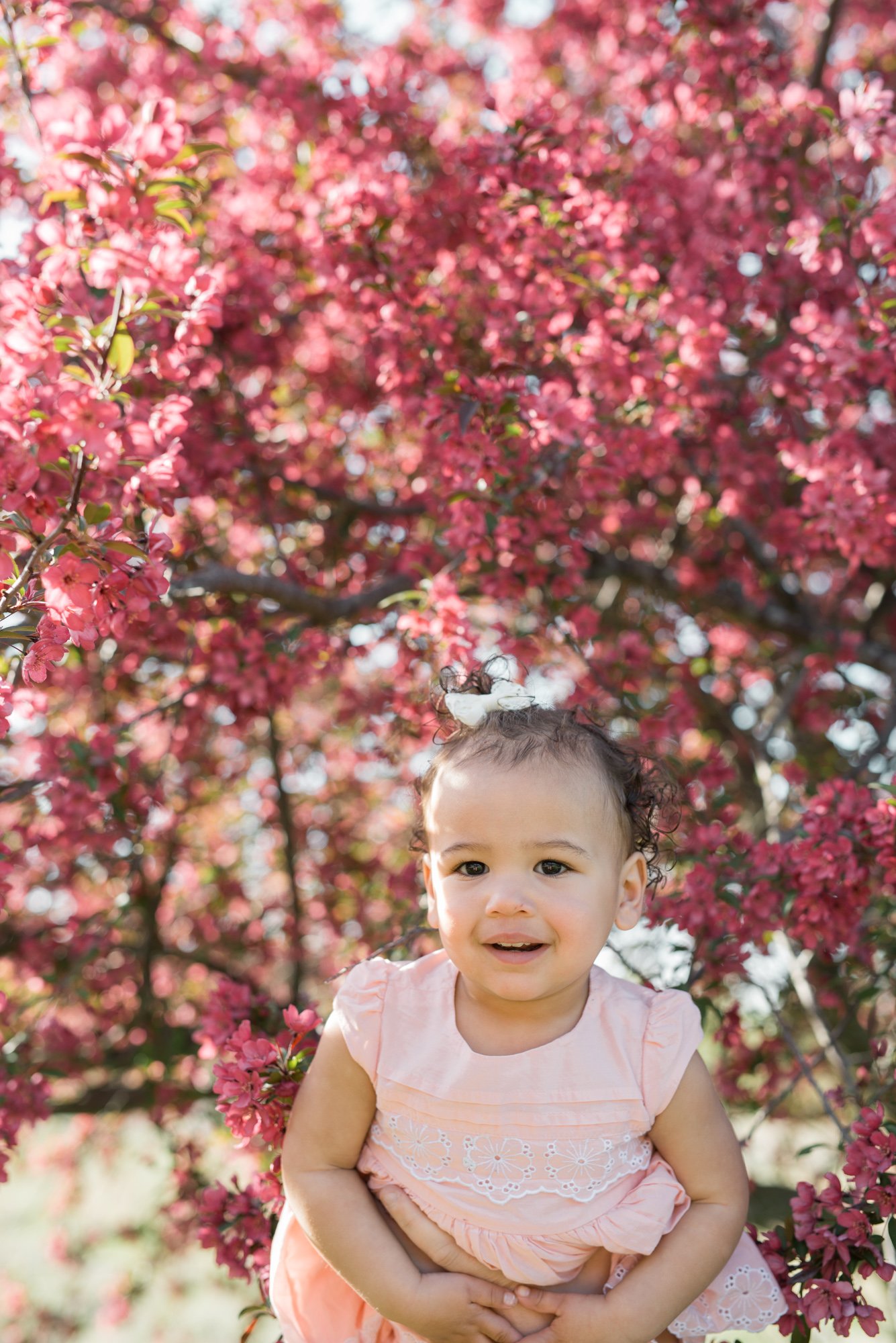 Little girl in front of pink flowering tree