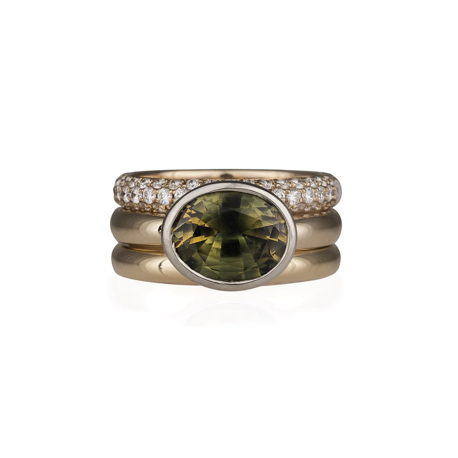 Triple stack rings. Love continuum diamond ring, Olive beauty ring set with a parti sapphire ring and simple wedding band. Inspired by the magic of love!