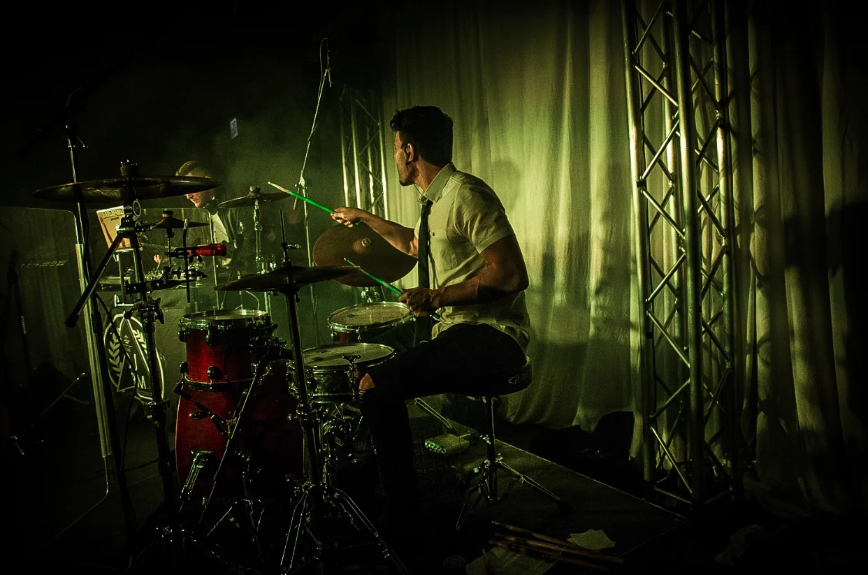 Drummer Rocky Roppo performing alongside DJ Daily at The DJ Firm's 2018 Showcase Event