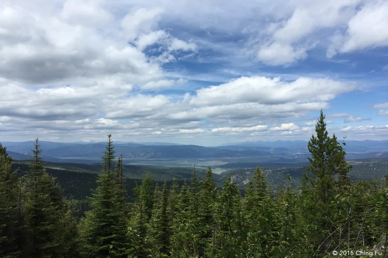 View of Rattlesnake Mountain Range, Mission Mountain Range, Blackfoot River Valley, Swan Mountain Range, and Bob Marshall Wilderness Area from almost the top of our climb.