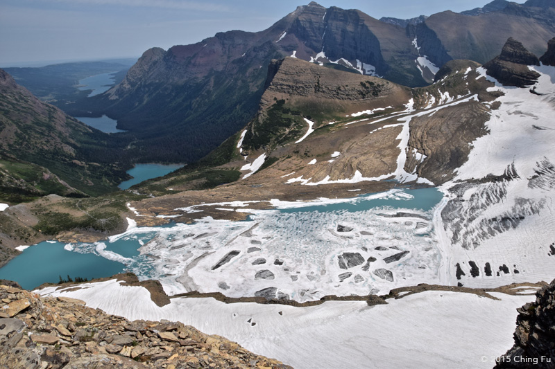  Full view of the lakes and glacier from the second gap further down the spur trail. 