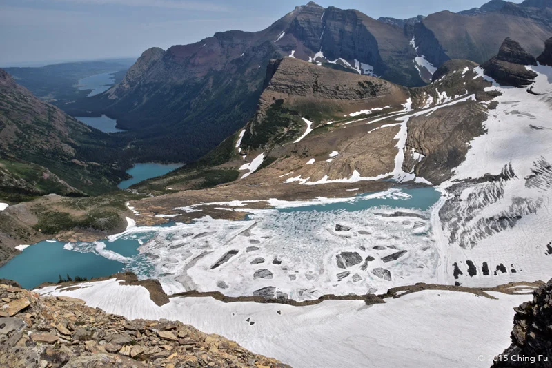 Full view of the lakes and glacier from the second gap further down the spur trail.