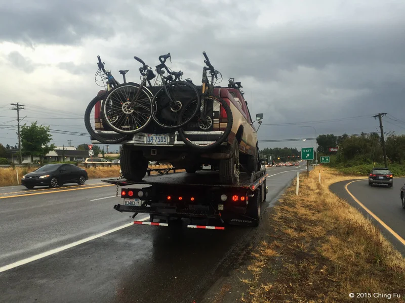 Our truck on a flatbed tow truck.