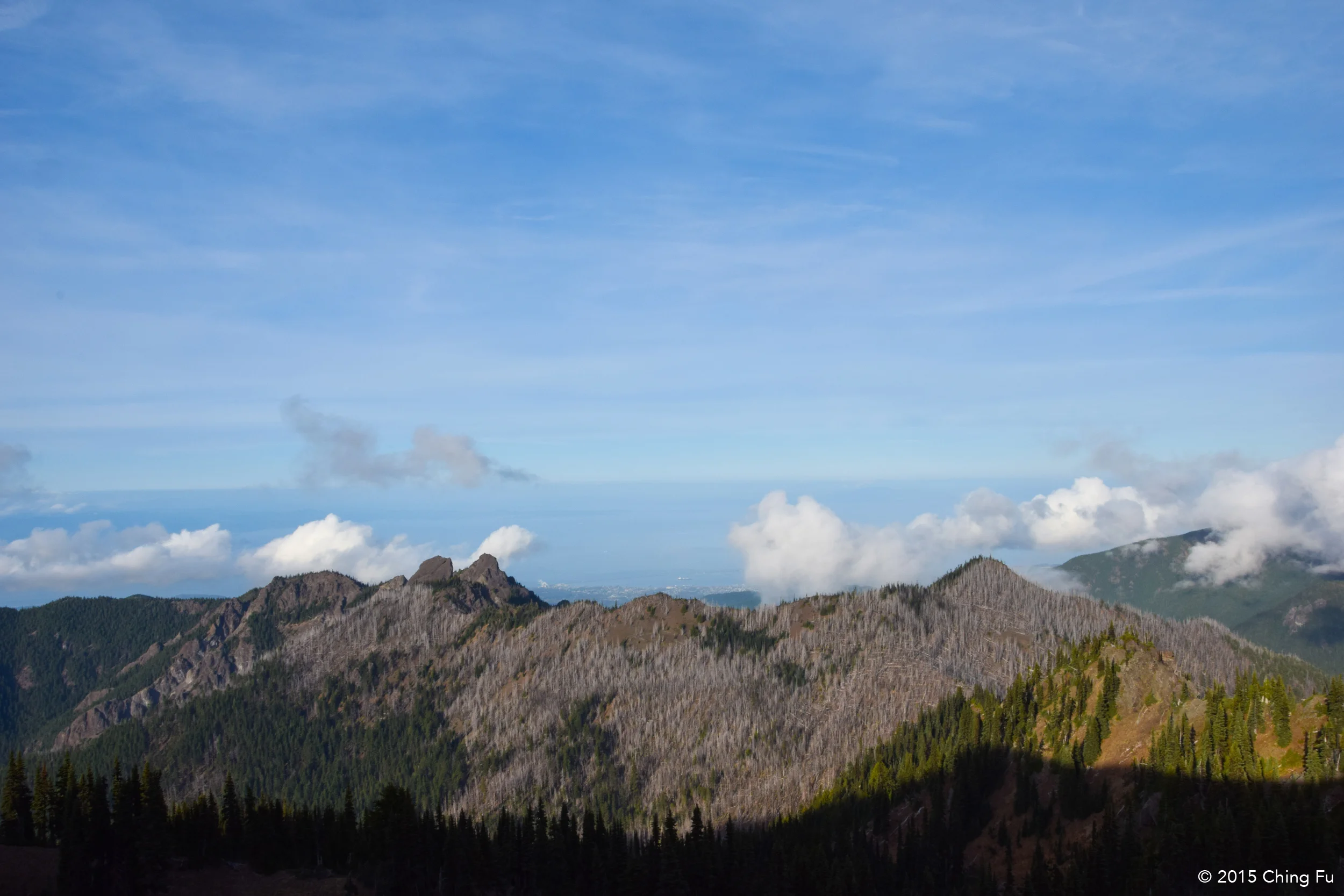 View of mountains and the Strait of Juan de Fuca.