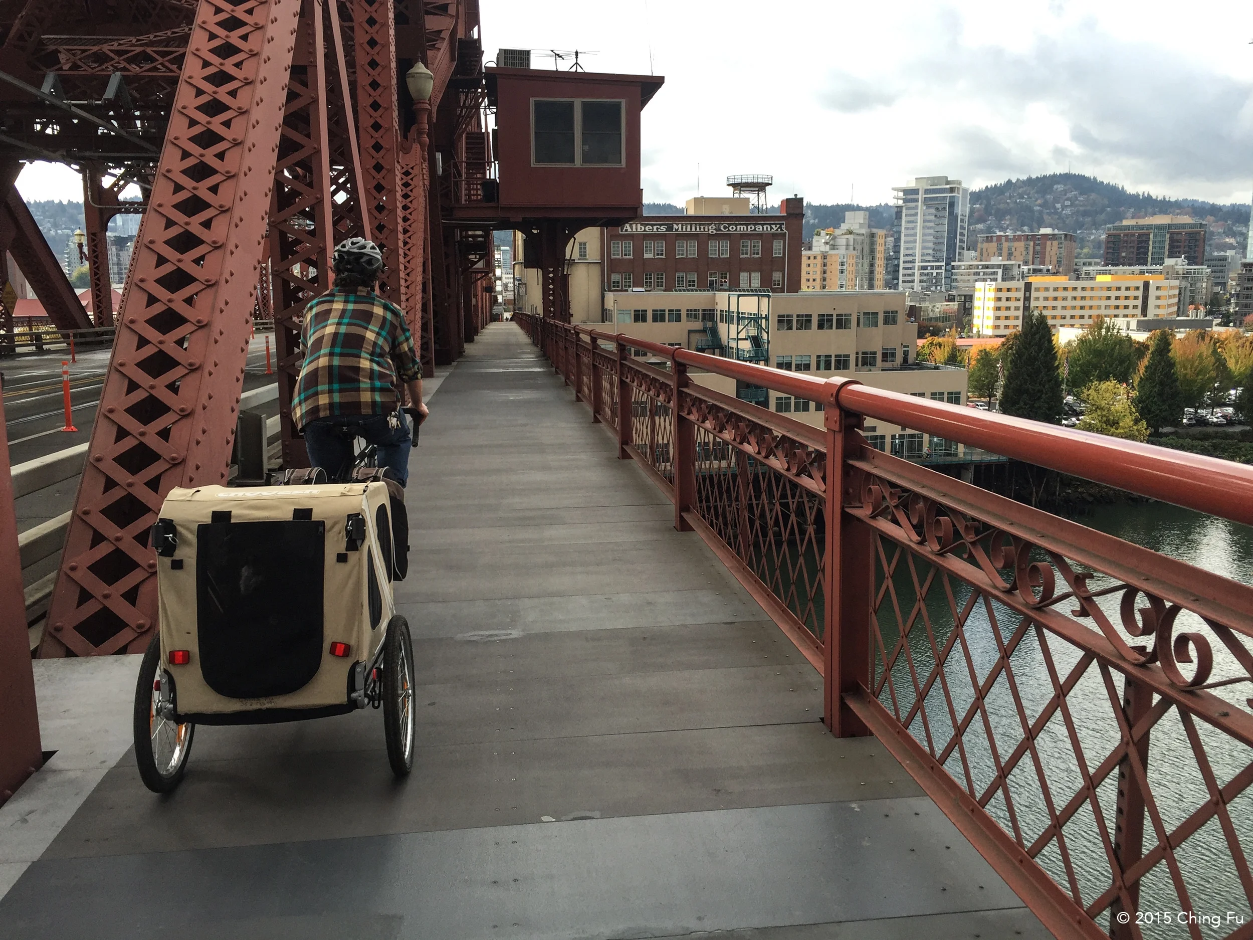 Jerud pulling the dogs in the trailer over Broadway Bridge.