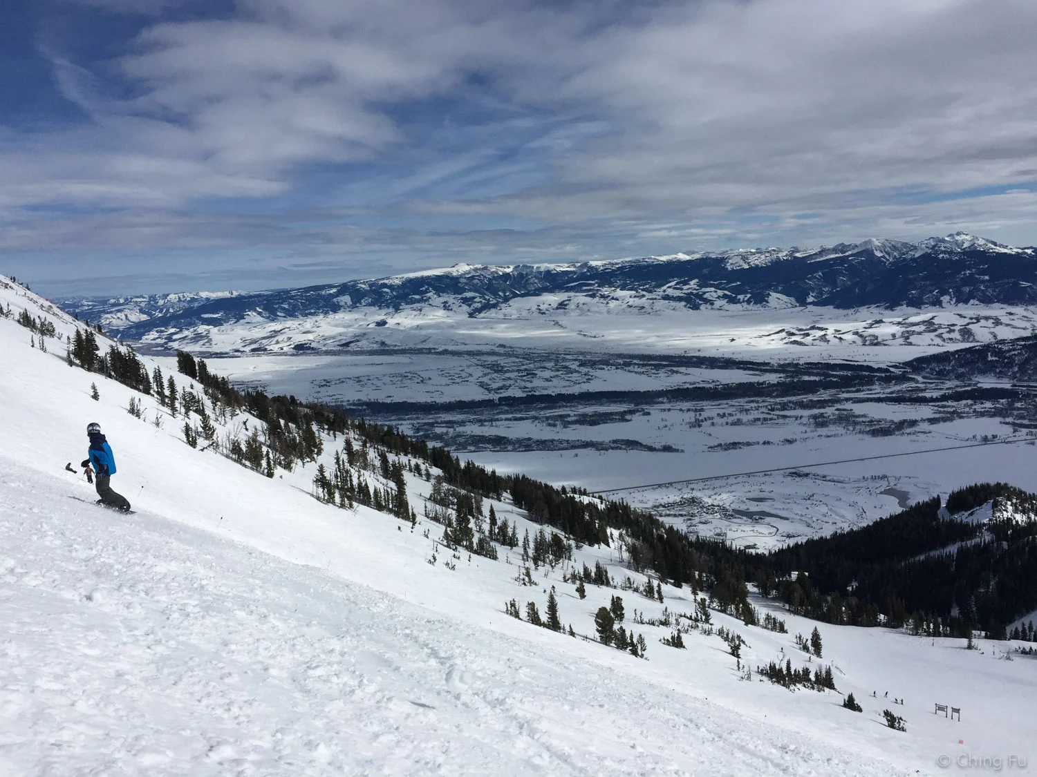 Jerud snowboarding at Jackson Hole Ski Resort.