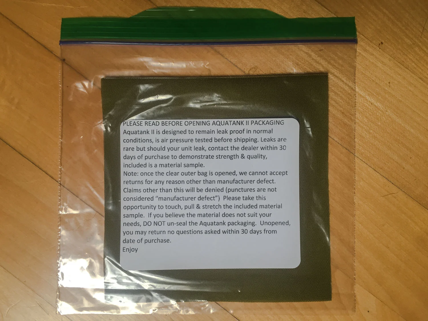 This same sample piece and note was included in the box. We kept this piece to use as a patch if needed.
