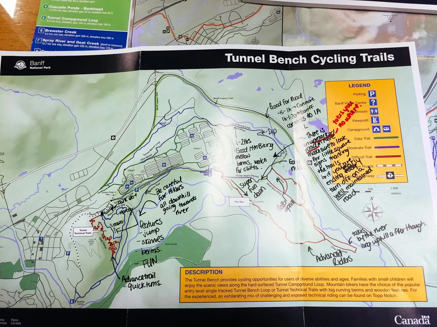 Tunnel Bench cycling trail map with notes.
