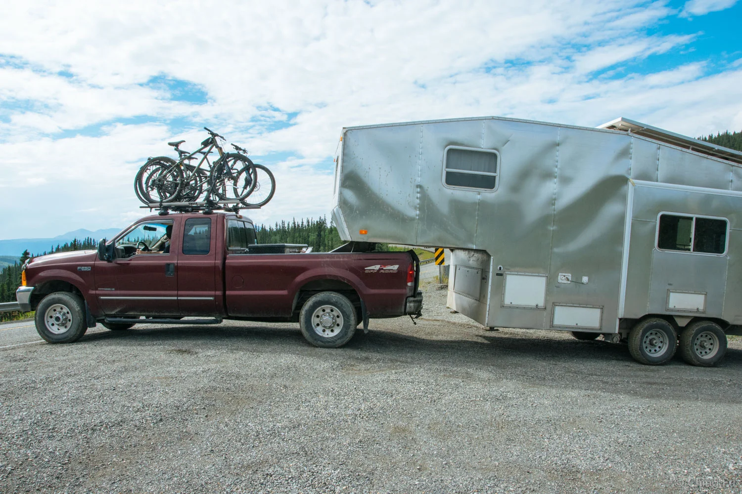 As the truck crests a small hill, the tailgate gets close to the underside of the trailer's overhang. This is an easy one to forget.