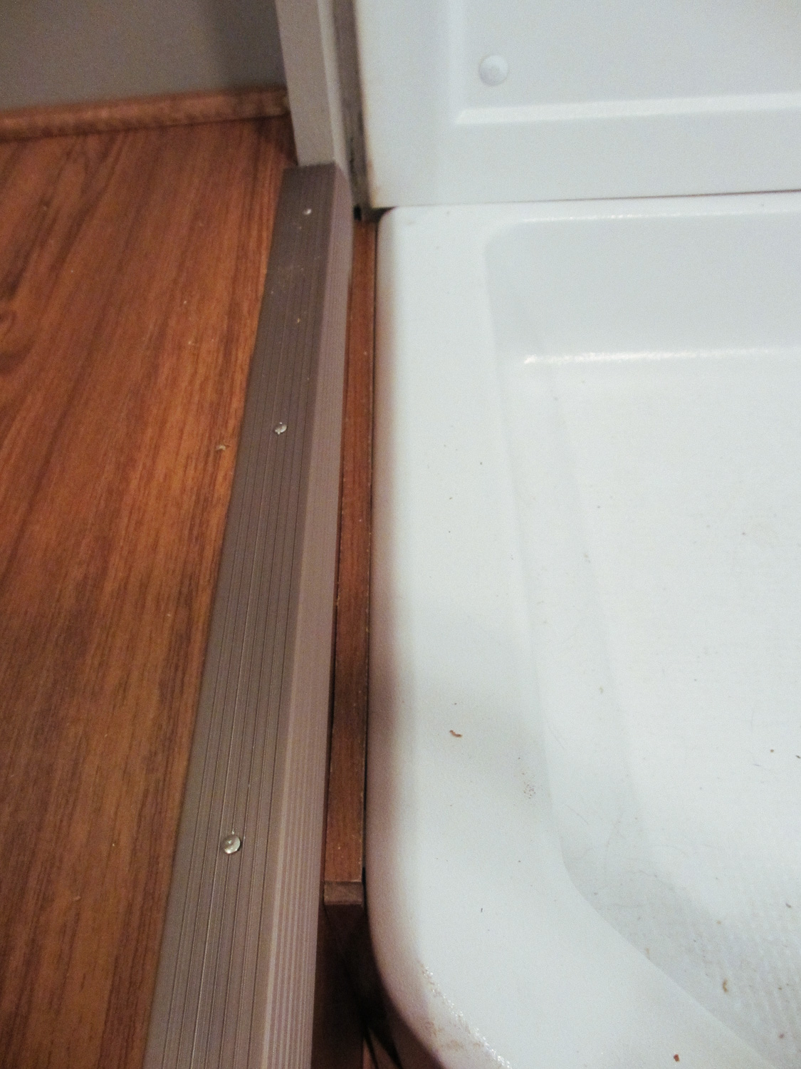  We placed a piece of stair nosing over the edge of the step. The gap between the step and shower was covered with a piece of laminate flooring and silicone caulk. 