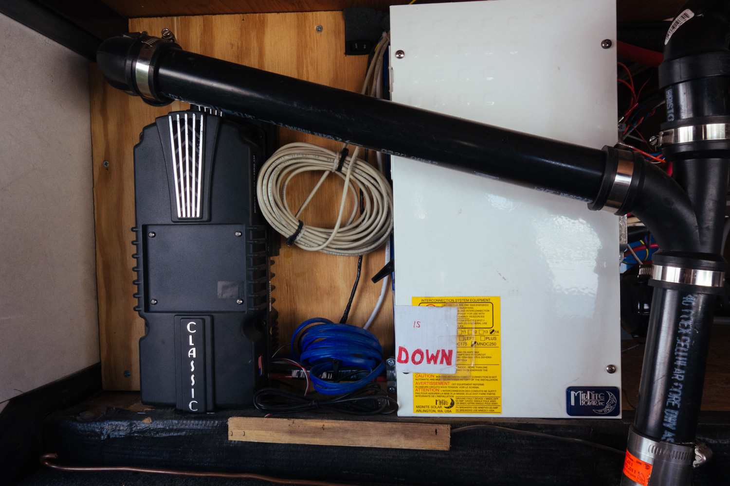  Charge controller and breaker box (after moving remote display to the control panel inside the rig in summer of 2015). 