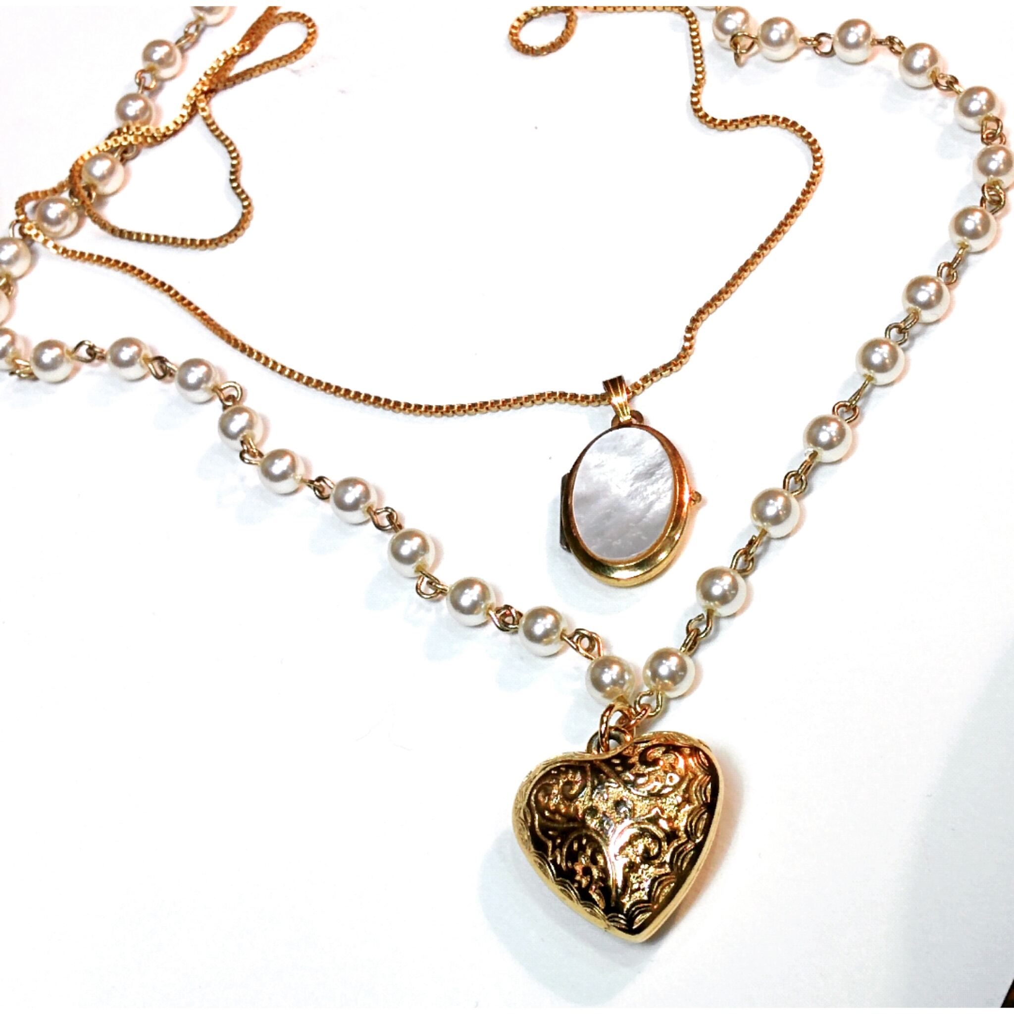 vintage locket and faux pearl chain with embossed double sided heart pendant