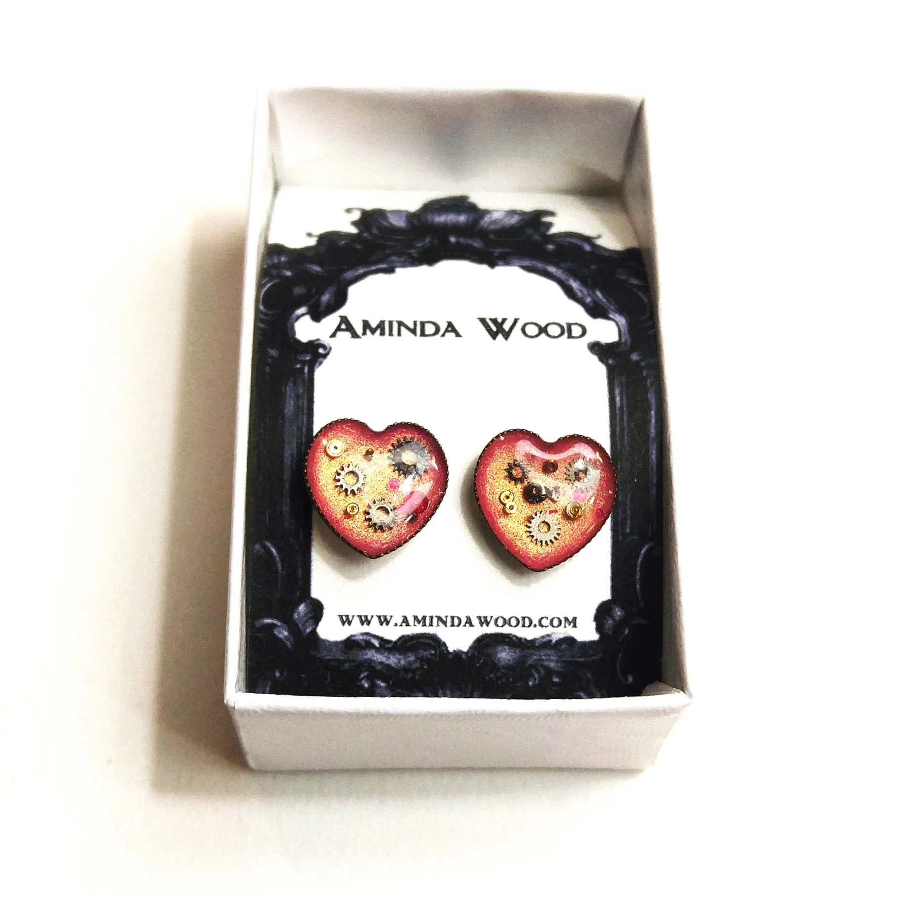 New shimmery pink background colour makes for lovely little Mechanical Heart stud earrings.