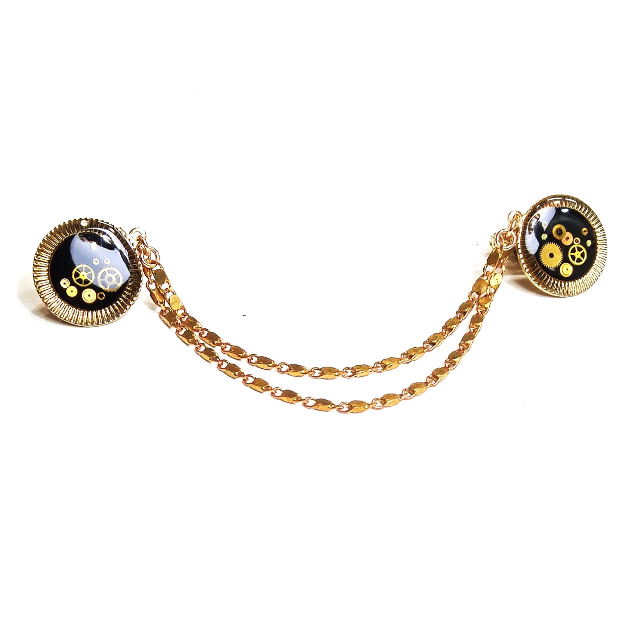 Collar clip, made using up cycled vintage pieces from an old collar/sweater clip, I replaced the chain, and removed the stones, adding a special, symmetrical cascading watch part design on either end! She's a true one of a kind treasure from my collection!
