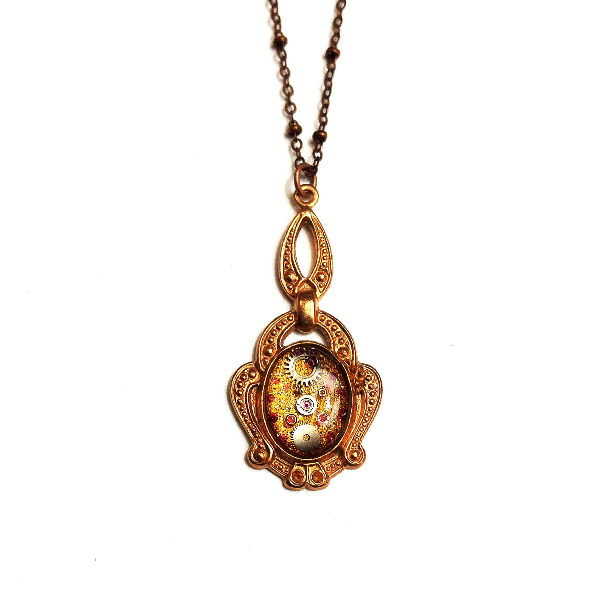 I love these copper bases, but I only have a few left! I picked them up as deadstock vintage items, so they were limited from the get go. This piece contains an array of silvery cogs and simulated rubies, which account for accurate time keeping, the more jewels, the more accurate the time!