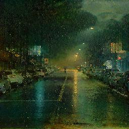 Style-transferred image of a street in dark green lights