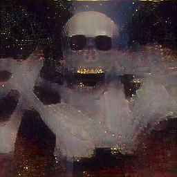 Style-transferred image of a blurred skull rendered on a dark purple background
