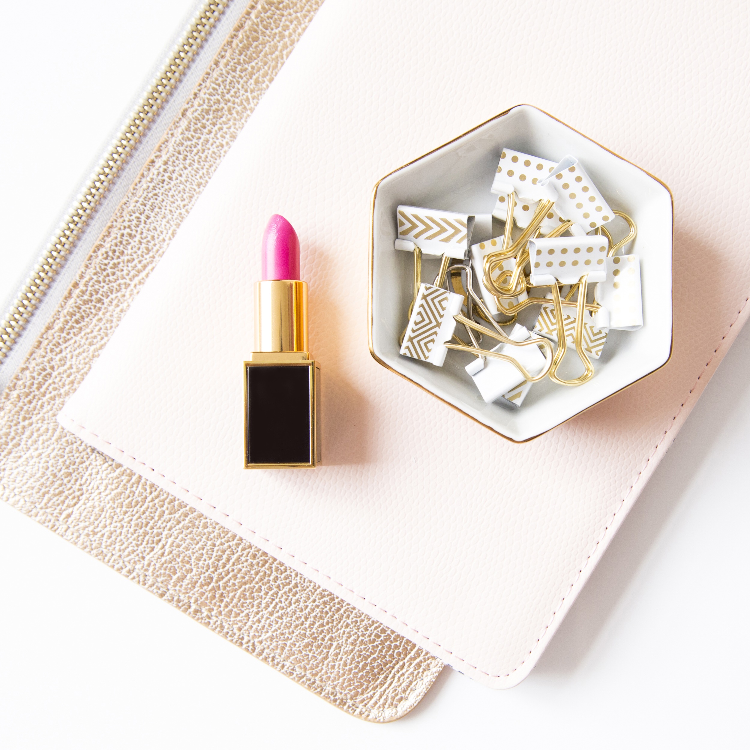 pink lipstick and gold clips.jpg