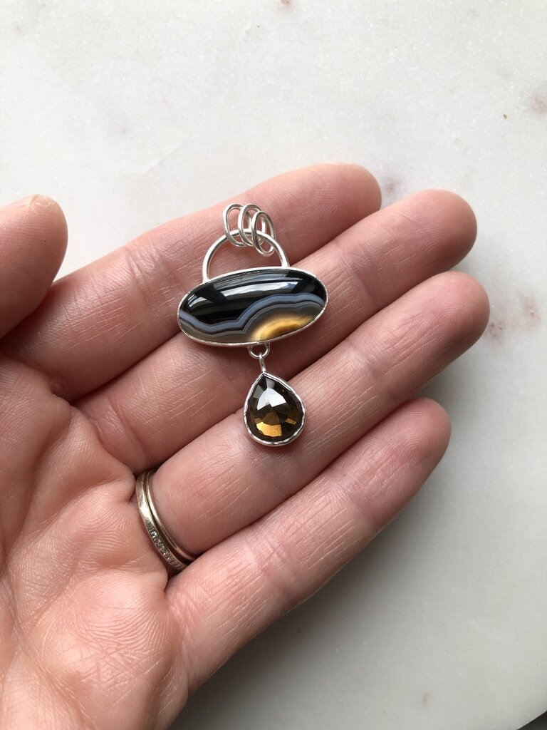Banded Agate & Rose-Cut Smoky Quartz Pendant