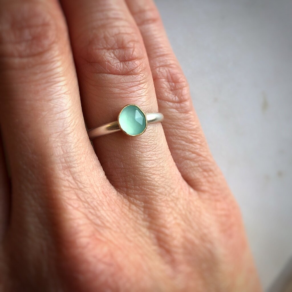 Rose-Cut African Aqua Chalcedony Stacking Ring with 14k Bezel
