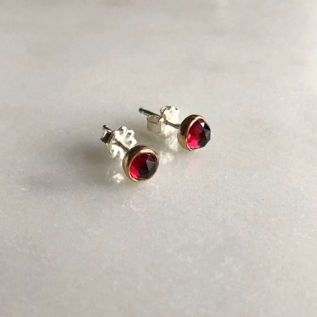 Rose-Cut Garnet Stud Earrings with 14k Bezels