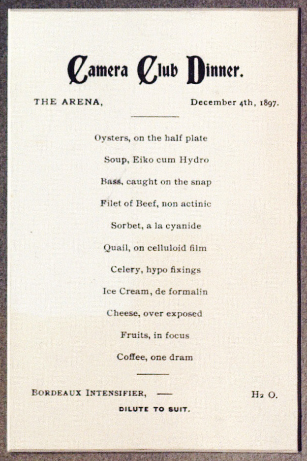Camera Club Dinner, The Arena, December 4th, 1897. Menu detail.*