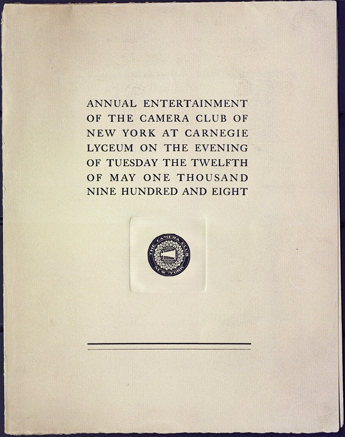 Annual Entertainment program for the Camera Club of New York at the Carnegie Lyceum. May 25, 1908. Cover.*