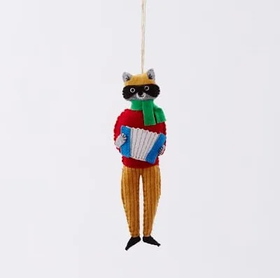 This Christmas ornament, of a raccoon playing an accordion, is especially charming. From West Elm USD$14